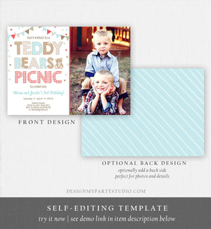 Editable Teddy Bear Picnic Birthday Invitation Boys Siblings Birthday Brothers Twins Joint Party Printable Invitation Template Corjl 0100