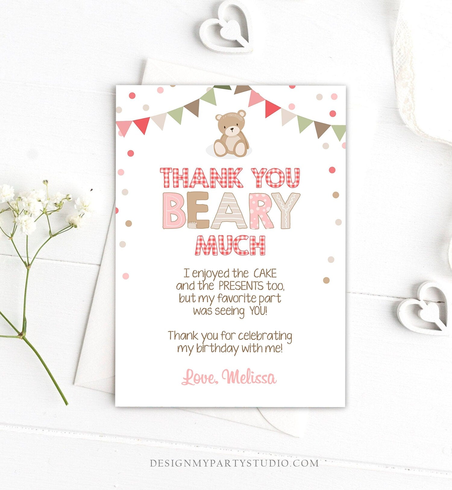 Editable Thank You Card Teddy Bear Birthday Picnic Beary Much Girl Pink Woodland Download Printable Thank You Template Digital Corjl 0100