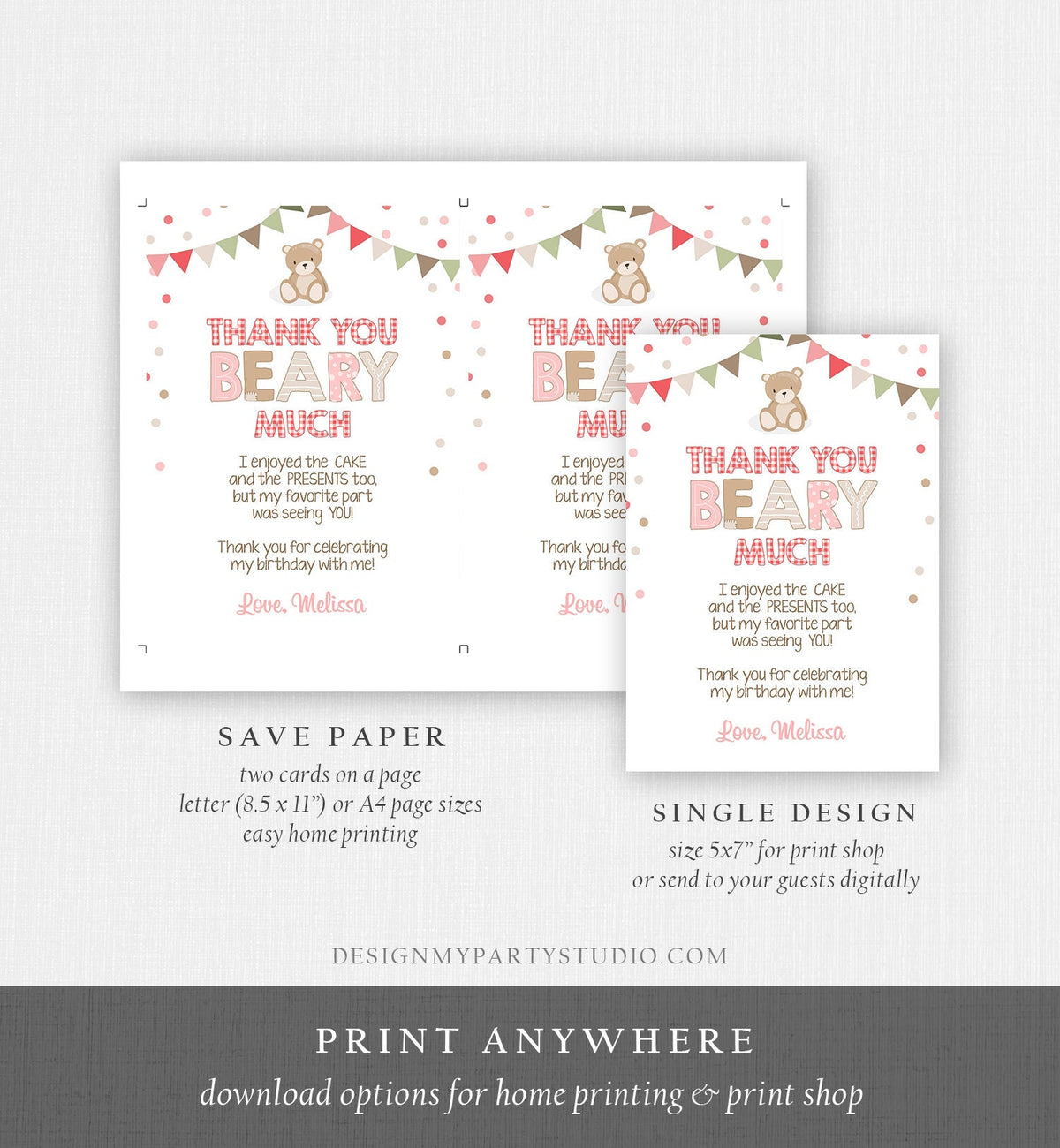 Editable Teddy Bear Thank You Card Birthday Picnic Beary Much Girl Pink Gingham Woodland Digital Download Template Printable 0100