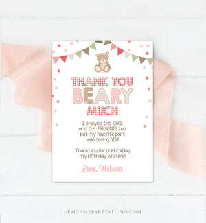 Editable Thank You Card Teddy Bear Birthday Picnic Beary Much Girl Pink Woodland Download Printable Thank You Template Digital Corjl 0100