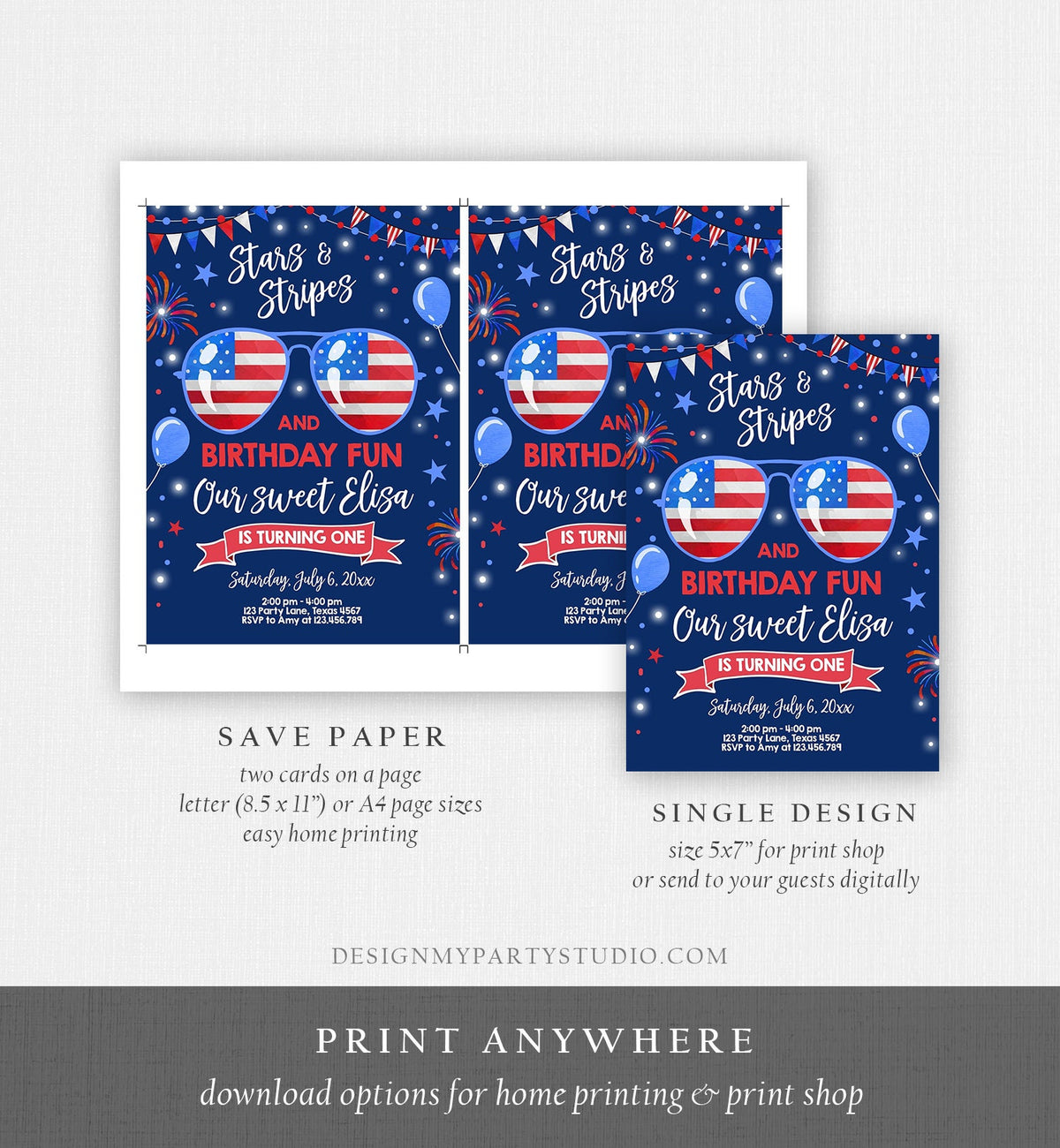 Editable Memorial Day Birthday Invitation 4th of July Little Firecracker Stars and Stripes Red White Blue Template Corjl Digital 0122