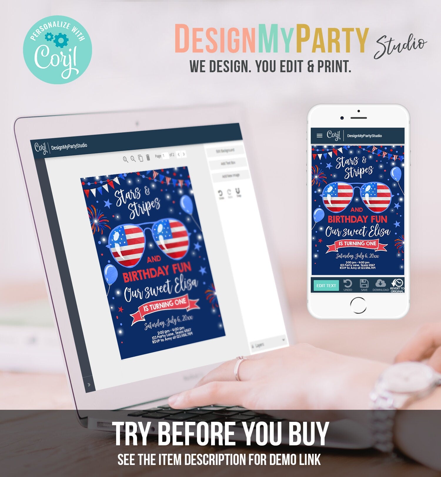 Editable Memorial Day Birthday Invitation 4th of July Little Firecracker Stars and Stripes Red White Blue Template Corjl Digital 0122