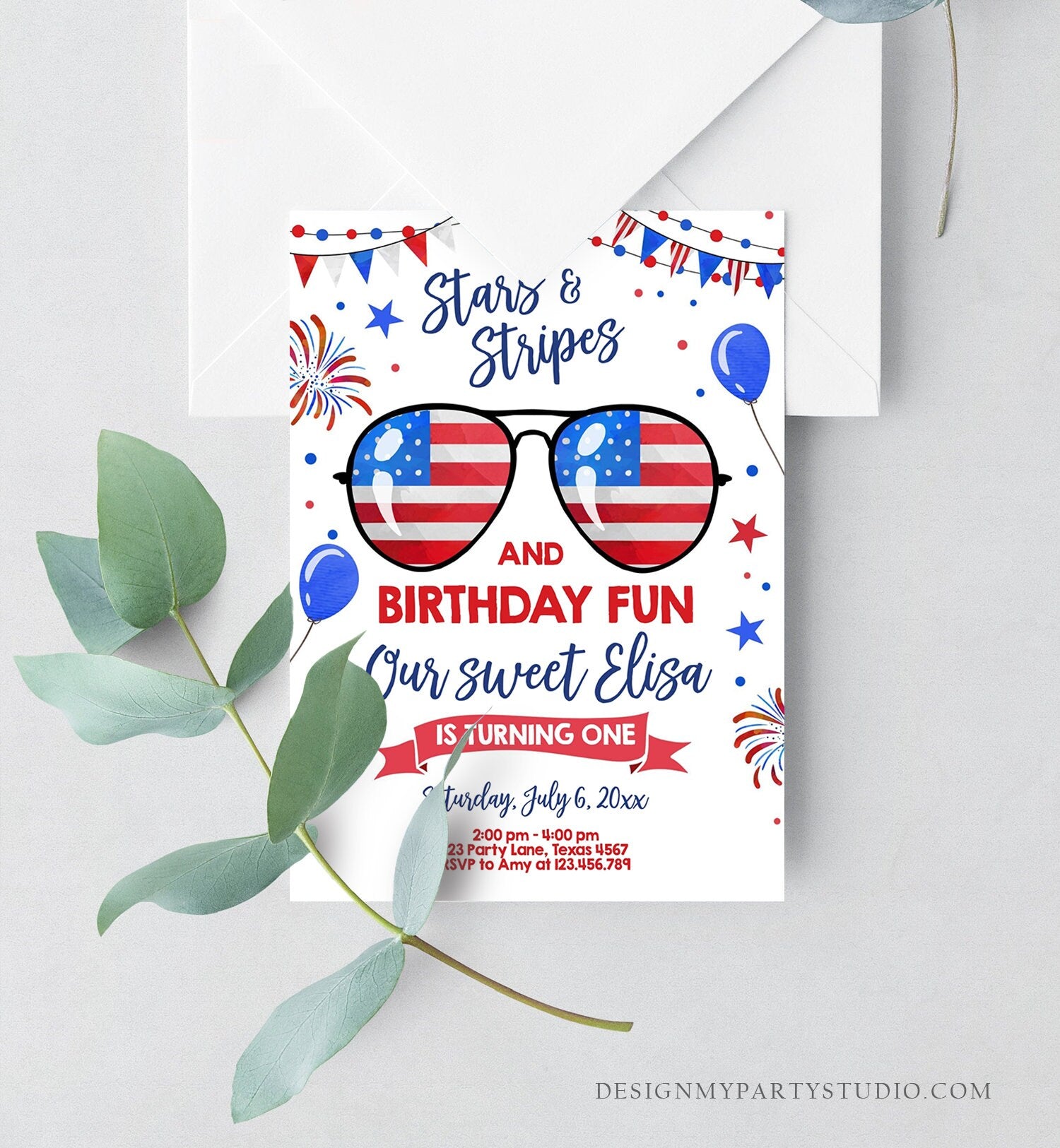 Editable Memorial Day Birthday Invitation 4th of July Little Firecracker Stars and Stripes Red White Blue Template Corjl Digital 0122