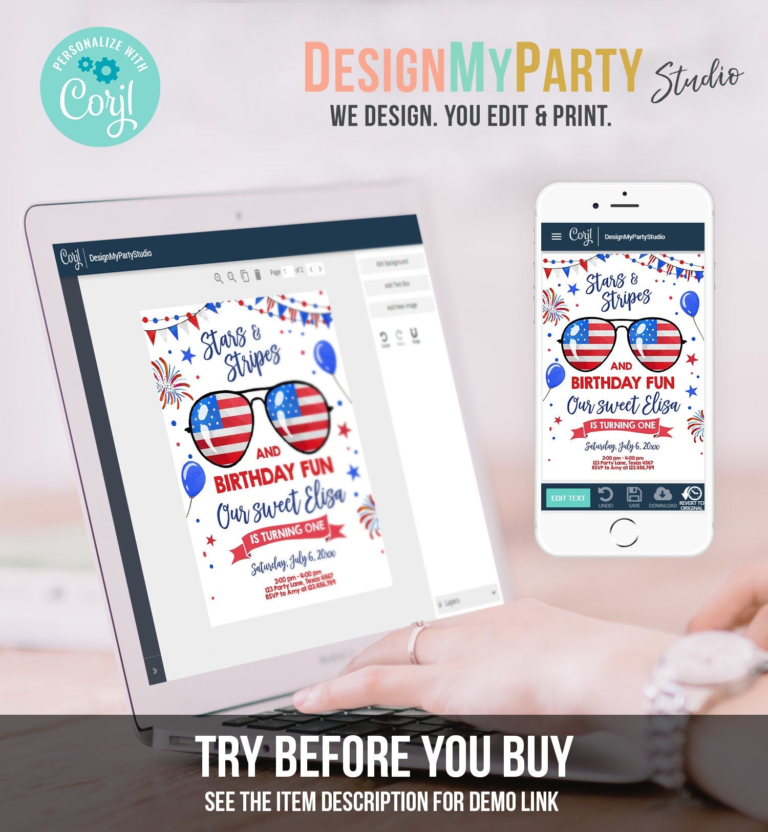 Editable Memorial Day Birthday Invitation 4th of July Little Firecracker Stars and Stripes Red White Blue Template Corjl Digital 0122