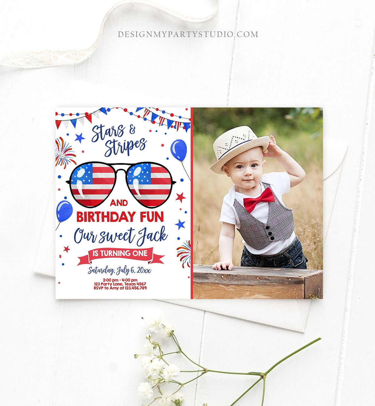 Editable Memorial Day Birthday Invitation 4th of July Little Firecracker Stars and Stripes Red White Blue Template Corjl Digital 0122