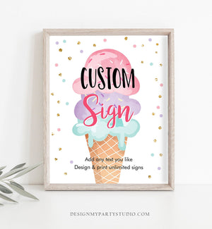 Editable Custom Sign Ice Cream Soft Confetti Birthday Baby Shower Party Gold Pink Teal Table Bar Sign Decor Corjl Template PRINTABLE 0243
