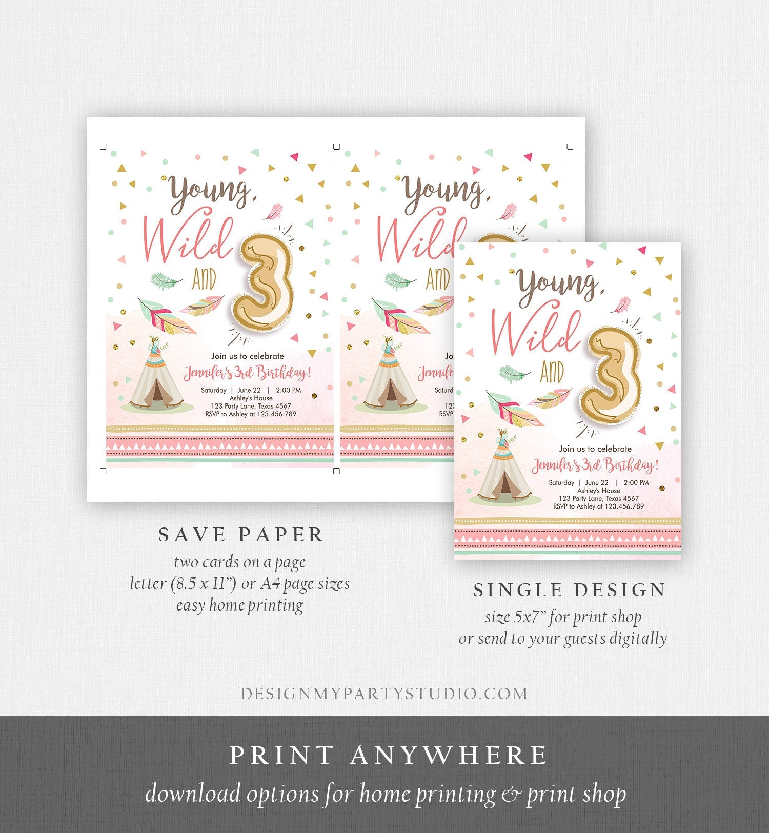 Editable Young Wild and Three Birthday Invitation Girl Pink and Gold 3rd Birthday Download Printable Invite Template Corjl Digital 0073