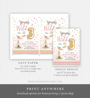 Editable Young Wild and Three Birthday Invitation Girl Pink and Gold 3rd Birthday Download Printable Invite Template Corjl Digital 0073