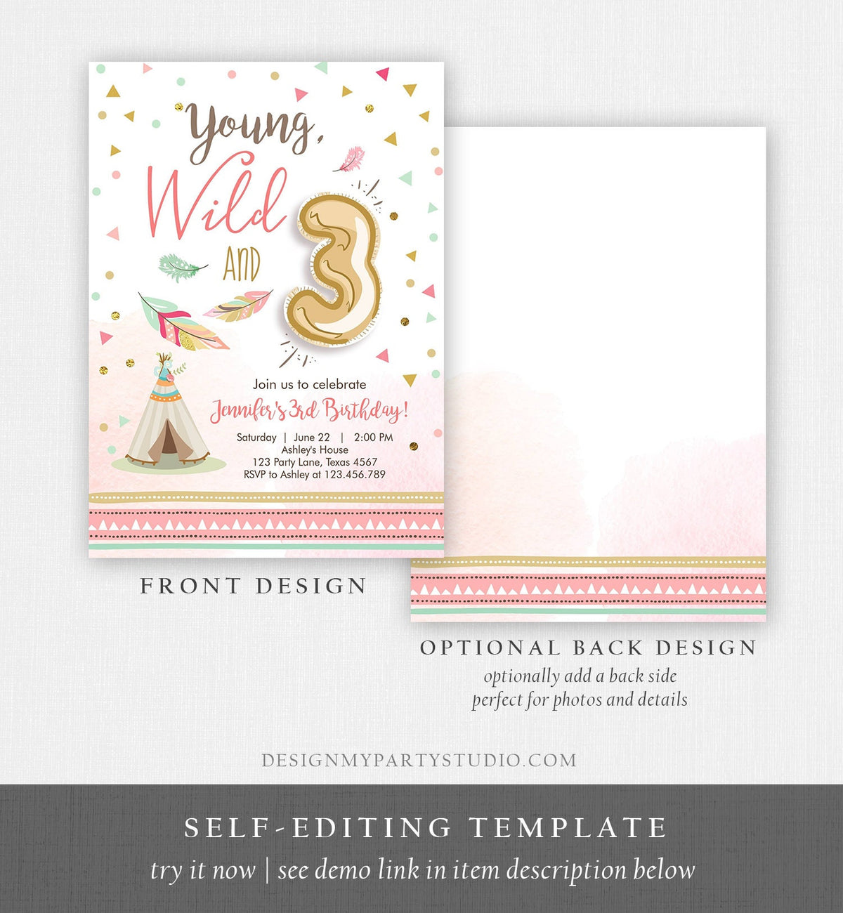 Editable Young Wild and Three Birthday Invitation Girl Pink and Gold 3rd Birthday Download Printable Invite Template Corjl Digital 0073