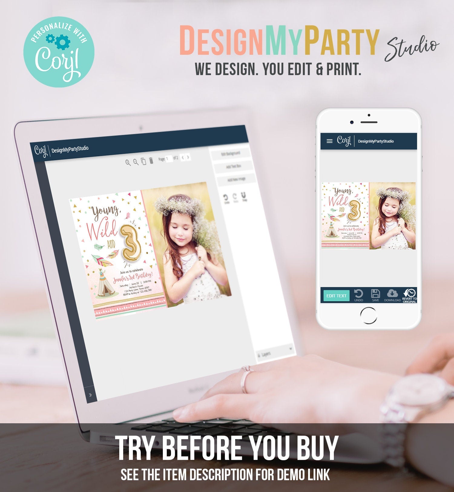 Editable Young Wild and Three Birthday Invitation Girl Pink and Gold 3rd Birthday Download Printable Invite Template Corjl Digital 0073