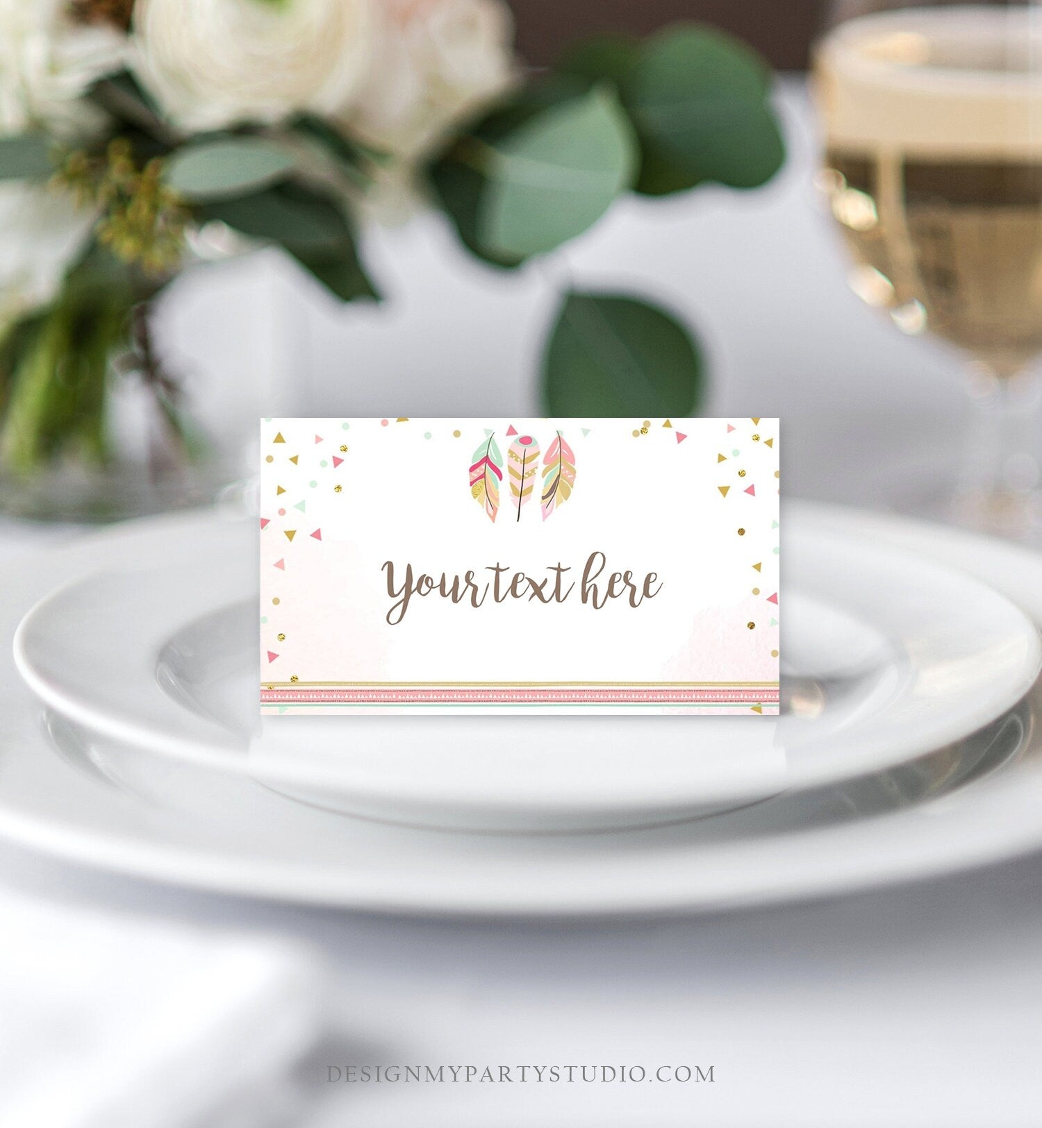 Editable Food Labels Feathers Wild One Place Card Birthday Tent Card Name Card Tribal Pink and Gold Girl Printable Template Corjl 0073