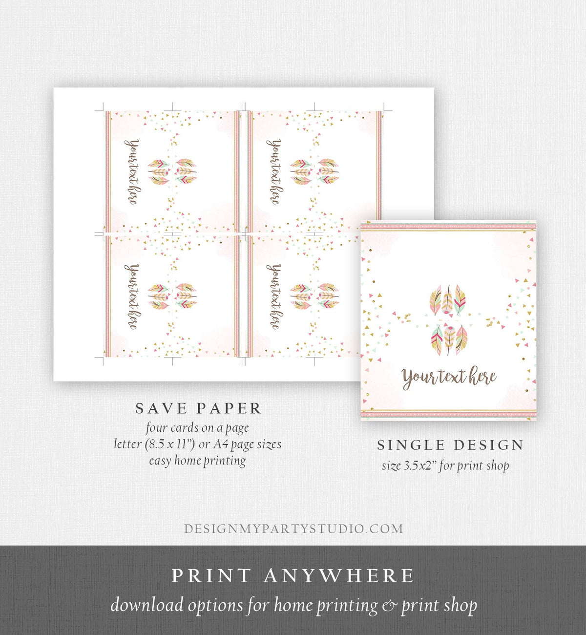 Editable Food Labels Feathers Wild One Place Card Birthday Tent Card Name Card Tribal Pink and Gold Girl Digital Template Printable 0073