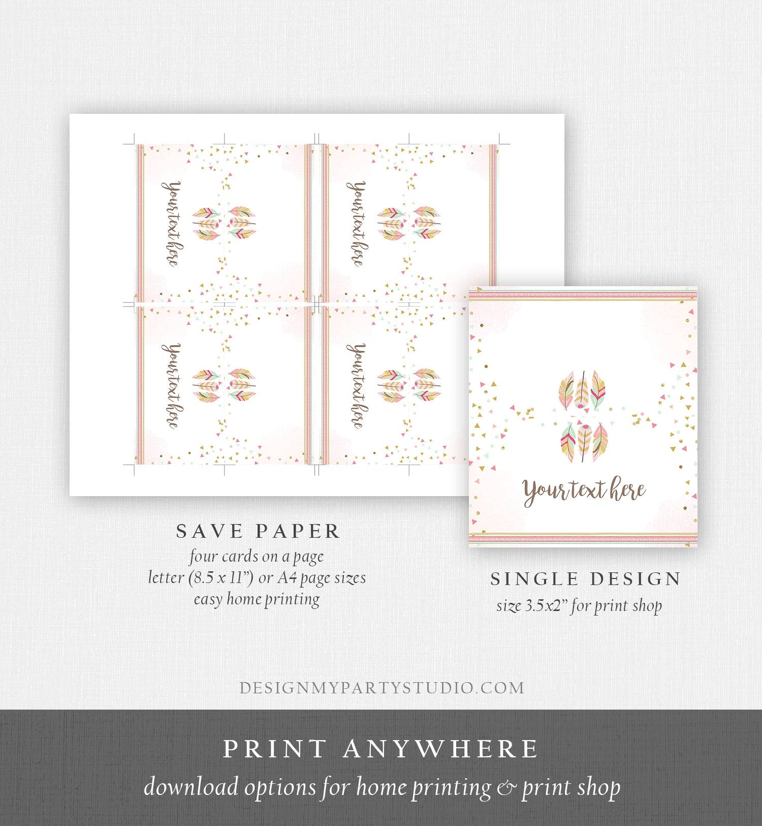 Editable Food Labels Feathers Wild One Place Card Birthday Tent Card Name Card Tribal Pink and Gold Girl Digital Template Printable 0073