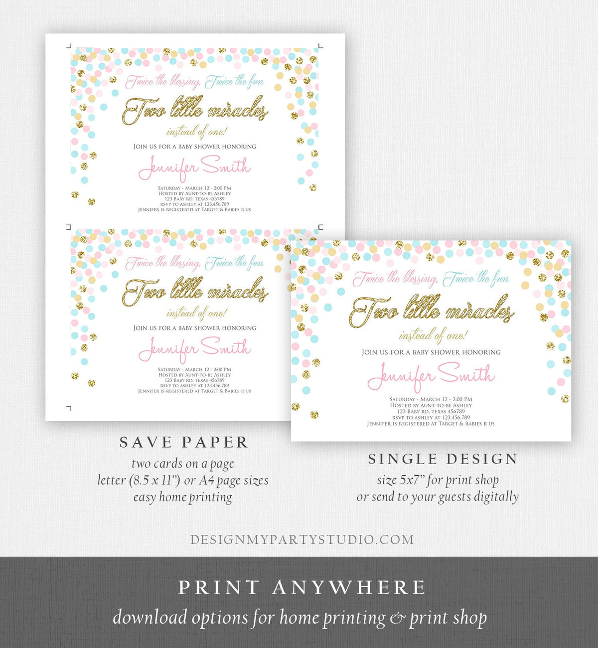 Editable Twins Baby Shower Invitation Twin Girls Blush Pink and Blue Gold Confetti Boy Girl Shower Invite Template Download Corjl 0133