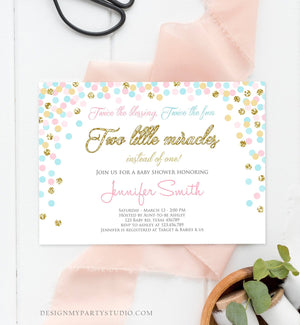 Editable Twins Baby Shower Invitation Twin Girls Blush Pink and Blue Gold Confetti Boy Girl Shower Invite Template Download Corjl 0133