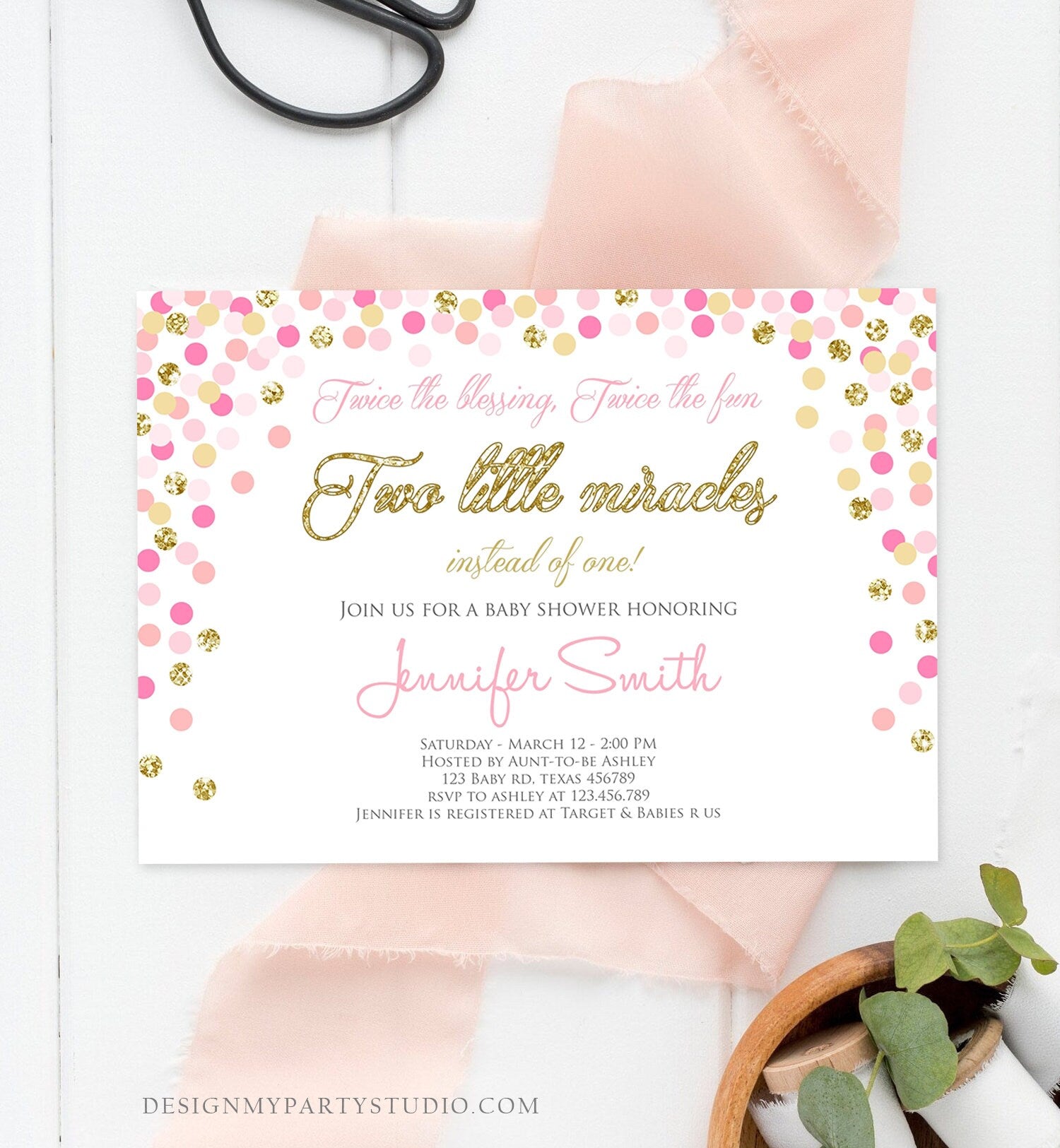 Editable Twin Girls Baby Shower Invitation Twin Girls Blush Pink and Blue Gold Confetti Boy Girl Shower Invite Template Download Corjl 0133
