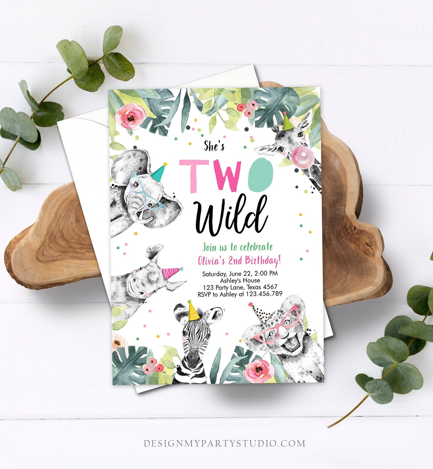 Editable Two Wild Birthday Invitation Girl Safari Animals Party Animals Second Birthday 2nd Digital Download Corjl Template Printable 0322
