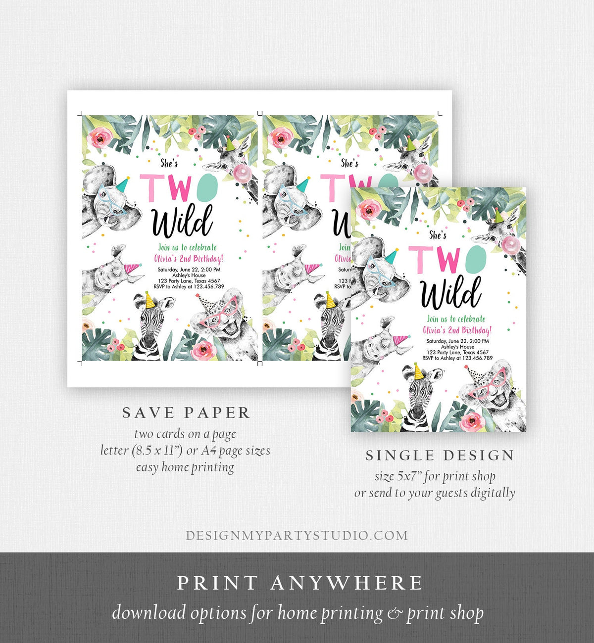 Editable Two Wild Birthday Invitation Girl Safari Animals Party Animals Second Birthday 2nd Digital Download Corjl Template Printable 0322