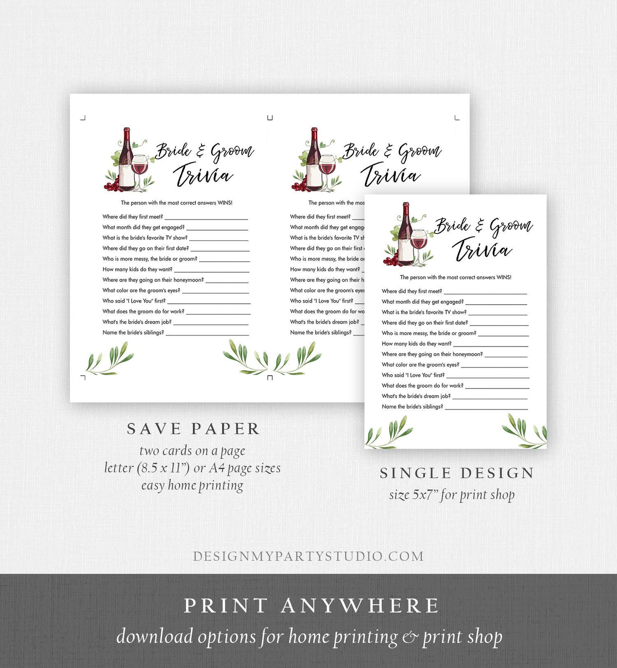 Editable Bride and Groom Trivia Bridal Shower Game Wine Tasting Vineyard Grapes Wedding Shower Activity Corjl Template Printable 0234