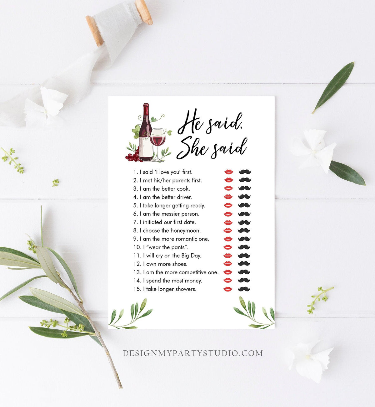 Editable He Said She Said Bridal Shower Game Wine Tasting Vineyard Bride or Groom Wedding Activity Who said it Phrase Digital Template 0234