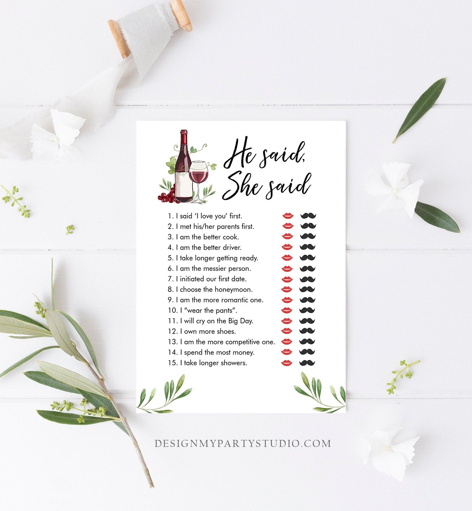 Editable He Said She Said Bridal Shower Game Wine Tasting Vineyard Bride or Groom Wedding Activity Who said it Phrase Digital Template 0234