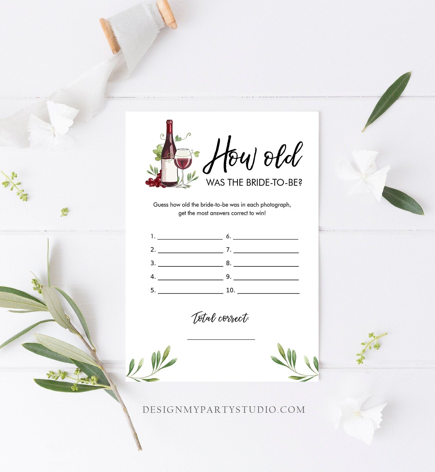 Editable How Old Was The Bride-to-Be Bridal Shower Game Wine Tasting Vineyard Grapes Wedding Shower Activity Corjl Template Printable 0234