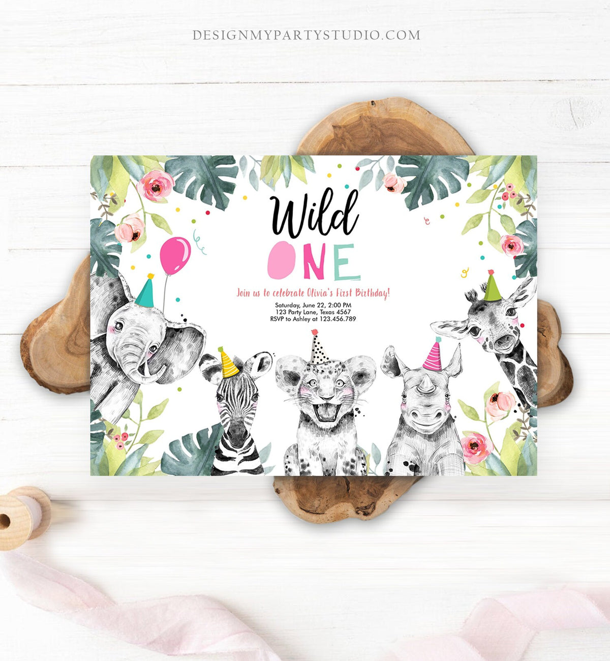 Editable Wild One Birthday Invitation Girl Safari Animals Invite Pink and Gold Party Animals Download Printable Template Corjl Digital 0322