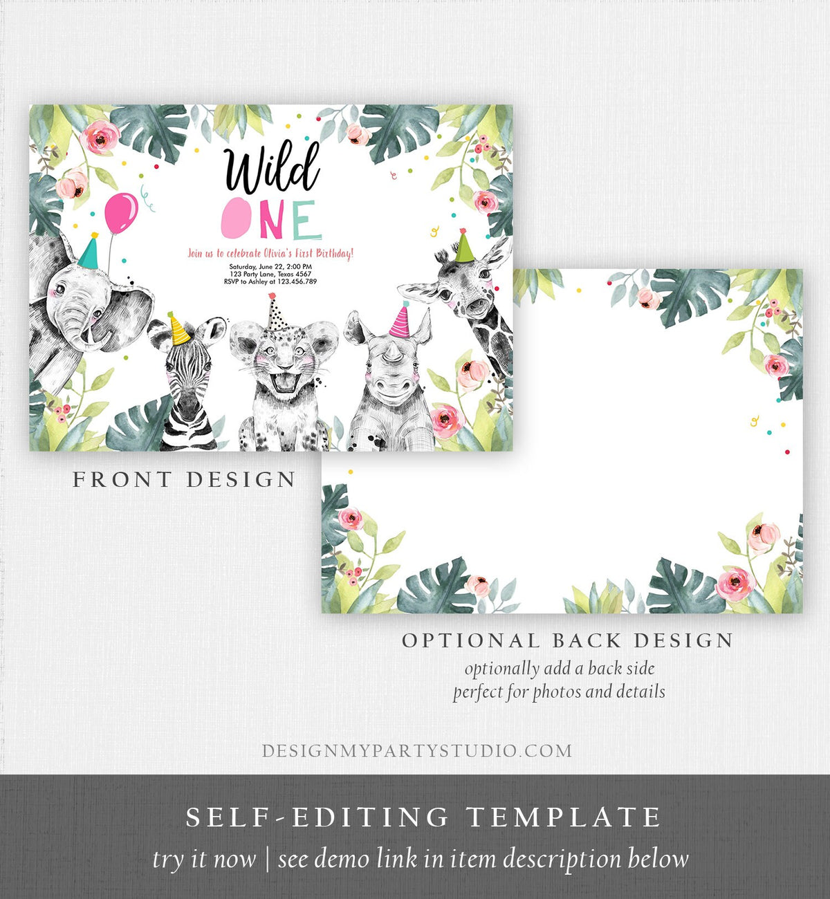 Editable Wild One Birthday Invitation Girl Safari Animals Invite Pink and Gold Party Animals Download Printable Template Corjl Digital 0322