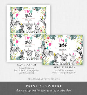 Editable Birthday Invitation Girl Two Wild Animals Invite Pink and Gold Safari Zoo Instant Download Printable Template Digital Corjl 0322
