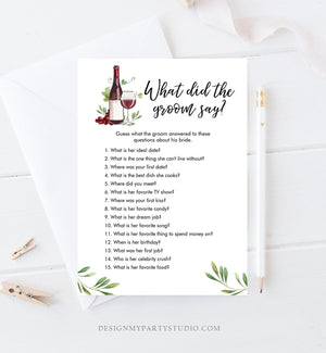 Editable What Did The Groom Say About His Bride Game Bridal Shower Game Wine Tasting Vineyard Grapes Wedding Corjl Template Printable 0234