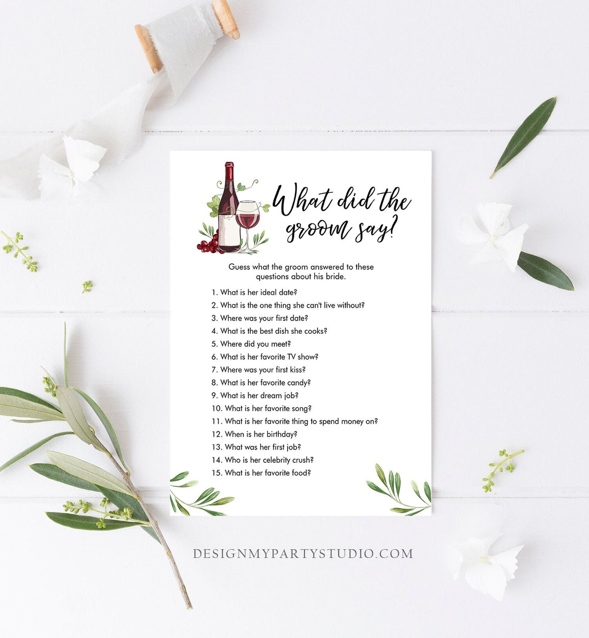 Editable What Did The Groom Say About His Bride Game Bridal Shower Game Wine Tasting Vineyard Grapes Wedding Digital Template Printable 0234