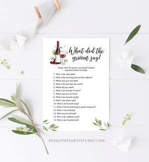 Editable What Did The Groom Say About His Bride Game Bridal Shower Game Wine Tasting Vineyard Grapes Wedding Corjl Template Printable 0234