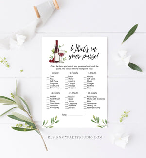 Editable What's in Your Purse Bridal Shower Game Wine Tasting Vineyard Grapes Wine Bottles Wedding Outdoor Napa Download Corjl Template 0234