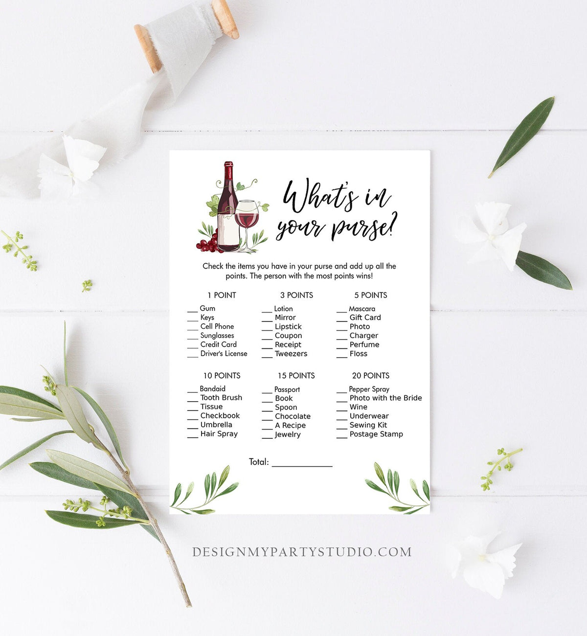 Editable What&#39;s in Your Purse Bridal Shower Game Wine Tasting Vineyard Grapes Wine Bottles Wedding Outdoor Napa Download Corjl Template 0234