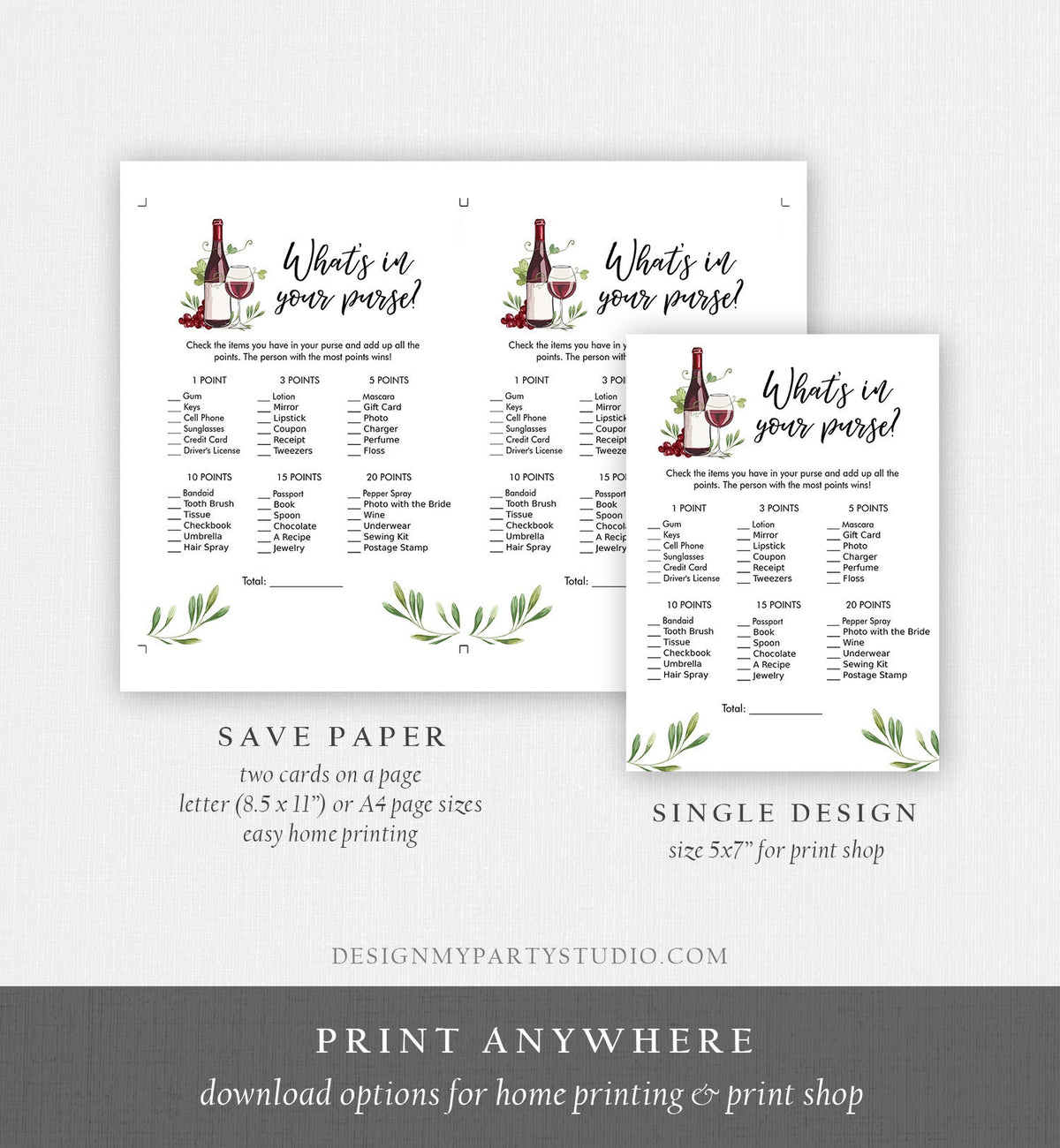 Editable What&#39;s in Your Purse Bridal Shower Game Wine Tasting Vineyard Grapes Wine Bottles Wedding Outdoor Napa Download Corjl Template 0234