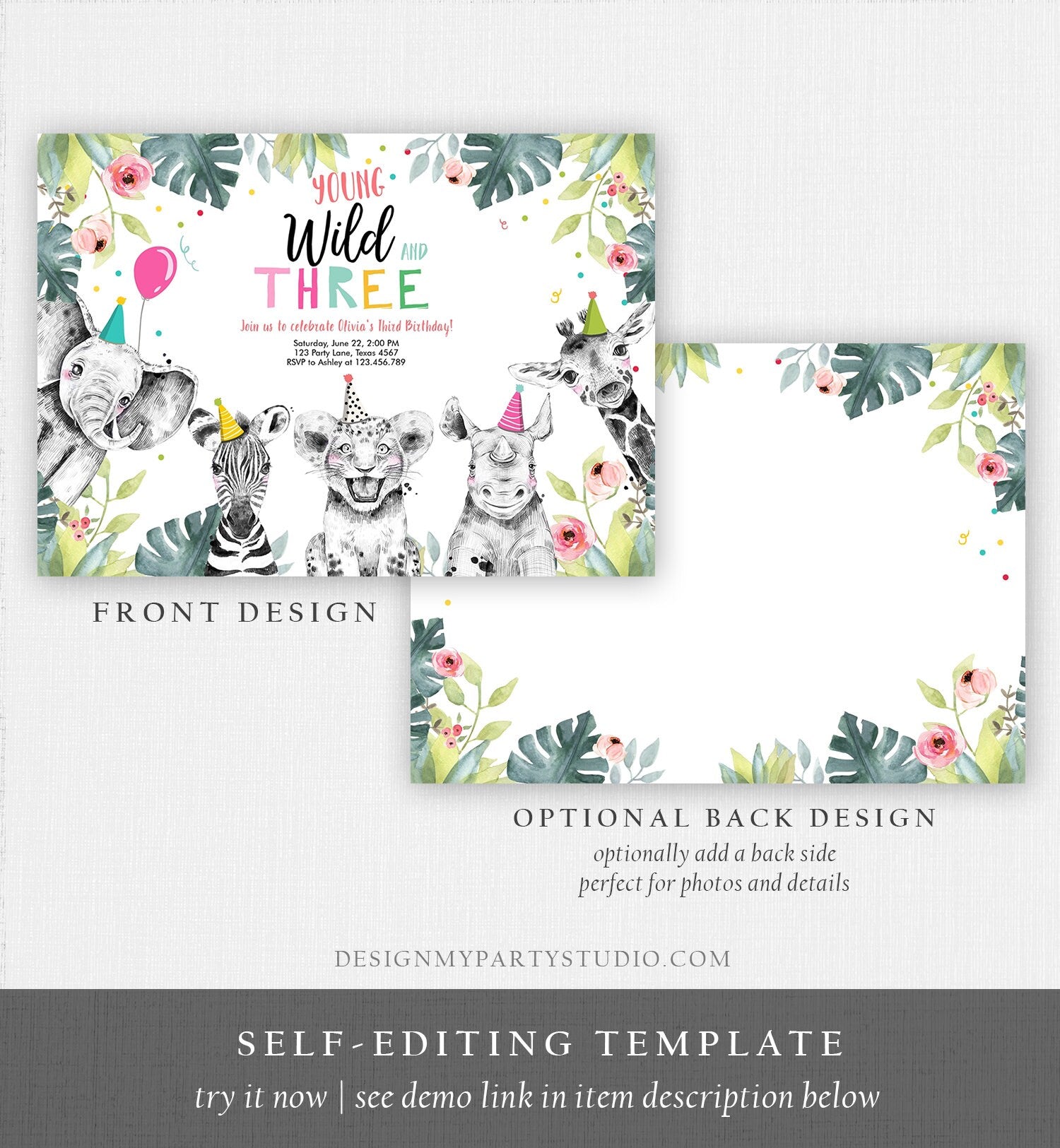 Editable Young Wild and Three Invitation Girl Pink Safari Animals Zoo Wild Birthday Instant Download Printable Template Digital Corjl 0322