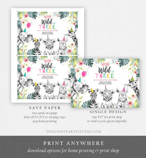 Editable Young Wild and Three Invitation Girl Pink Safari Animals Zoo Wild Birthday Instant Download Printable Template Digital Corjl 0322