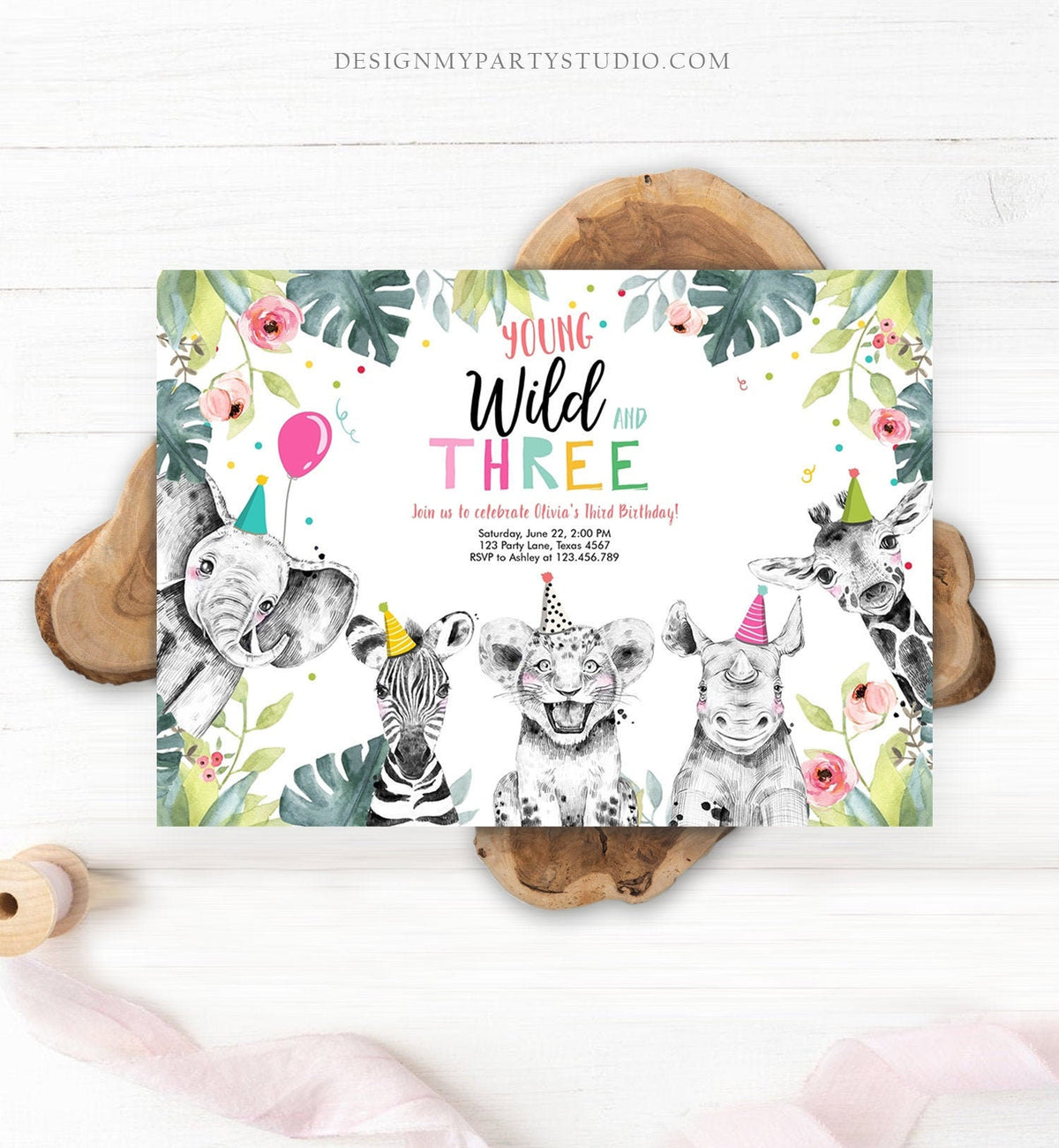 Editable Young Wild and Three Invitation Girl Pink Safari Animals Zoo Wild Birthday Instant Download Printable Template Digital Corjl 0322