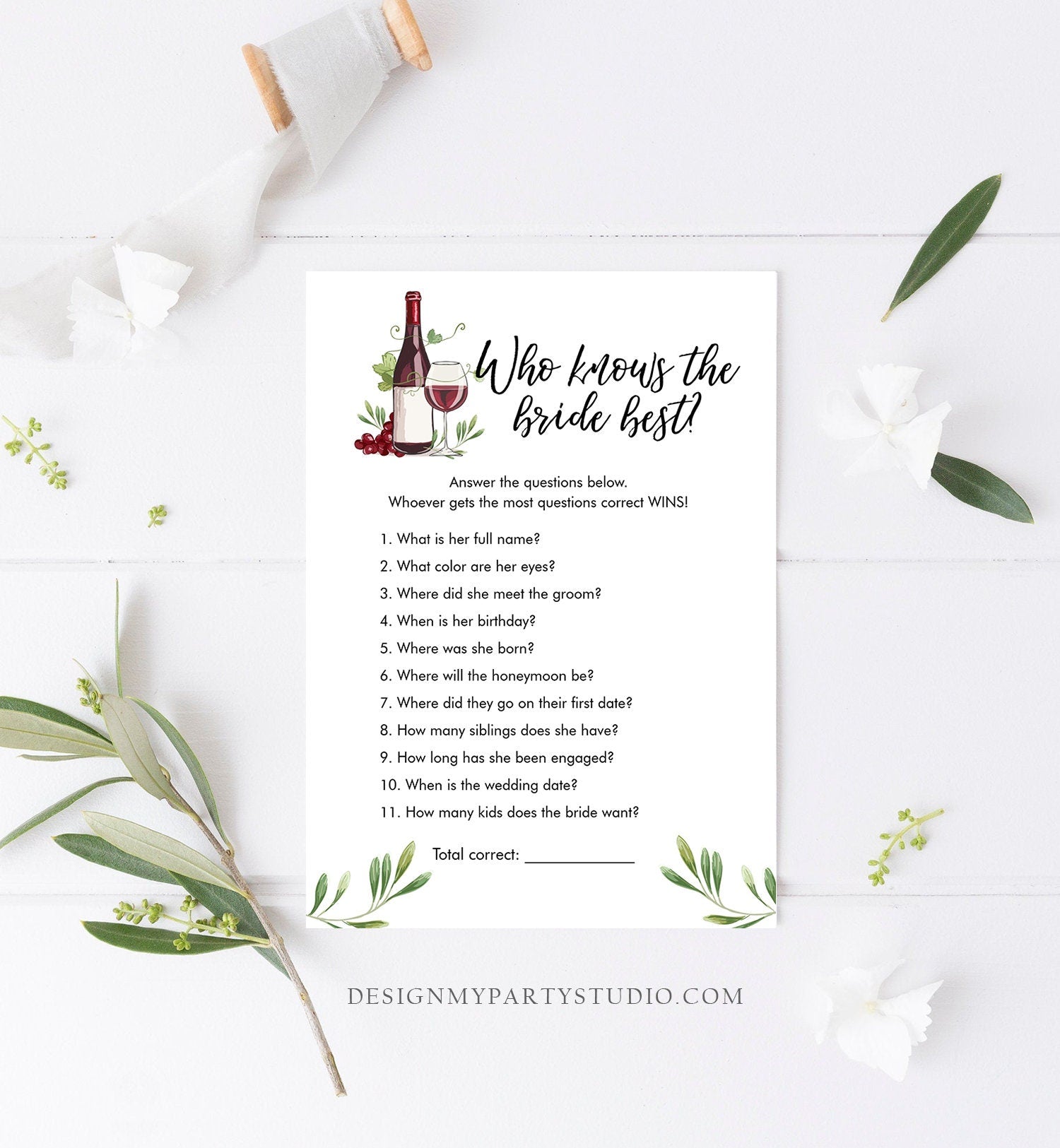 Editable Who Knows the Bride Best Bridal Shower Game Wine Tasting Vineyard Grapes Wedding Shower Activity Corjl Template Printable 0234