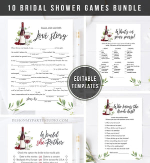 Editable Wine Tasting Bridal Shower Games Bundle Wedding Shower Activity Vineyard Grapes Brunch and Bubbly Corjl Template Printable 0234