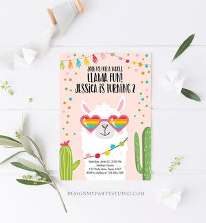 Editable Whole Llama Fun Birthday Invitation Llama Fiesta Cactus Sunglasses Girl Pink Alpaca Instant Download Printable Template Corjl 0079