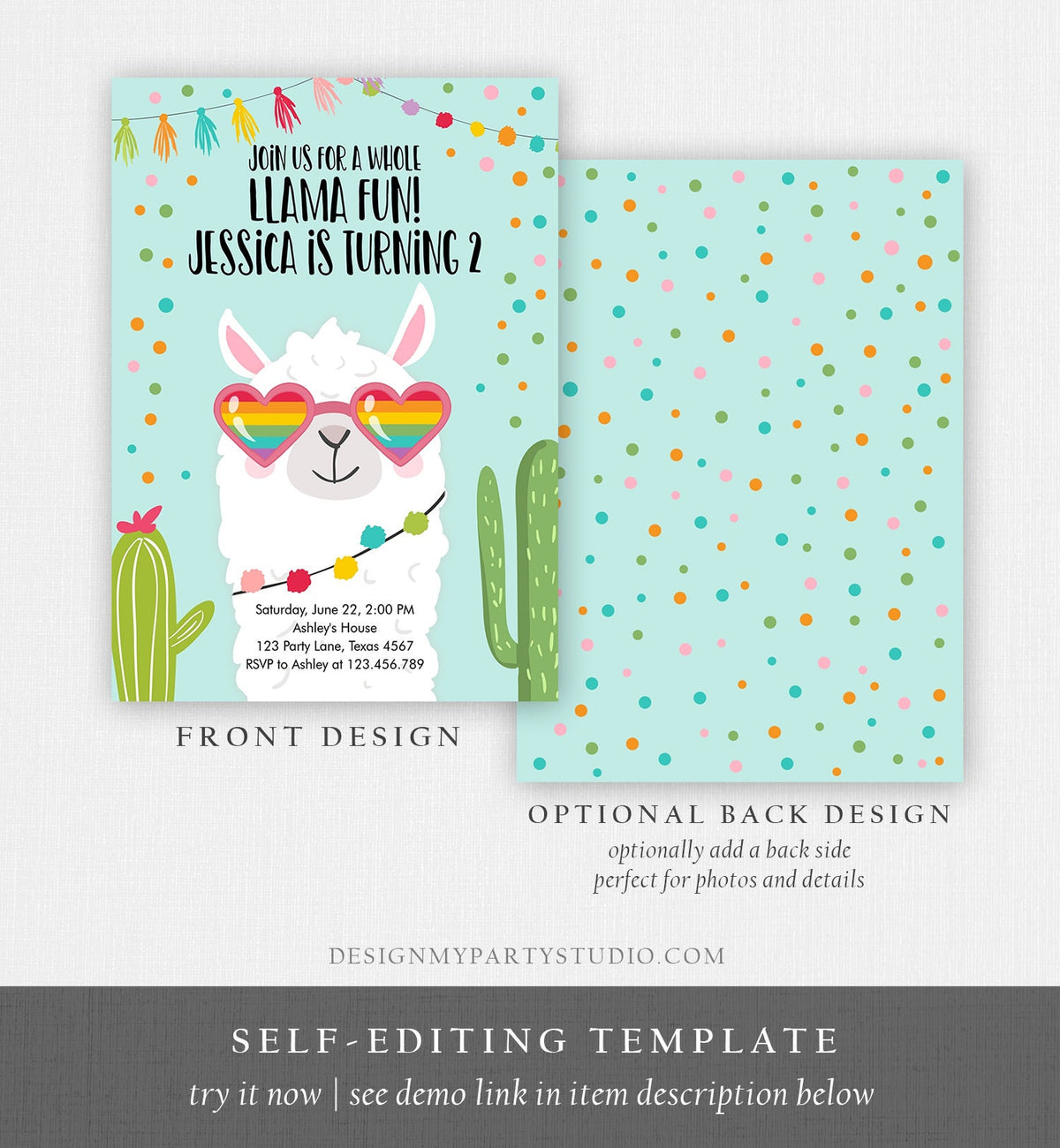 Editable Whole Llama Fun Birthday Invitation Llama Fiesta Cactus Sunglasses Girl Blue Alpaca Instant Download Printable Template Corjl 0079