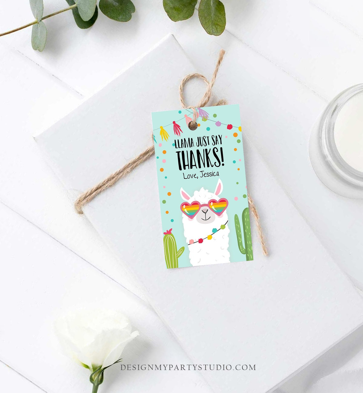 Editable Llama Favor Tags Llama Thank You Tags Fiesta Cactus Alpaca Mexican Llama Party Favor Tags Blue Girl Sunglasses Corjl Template 0079