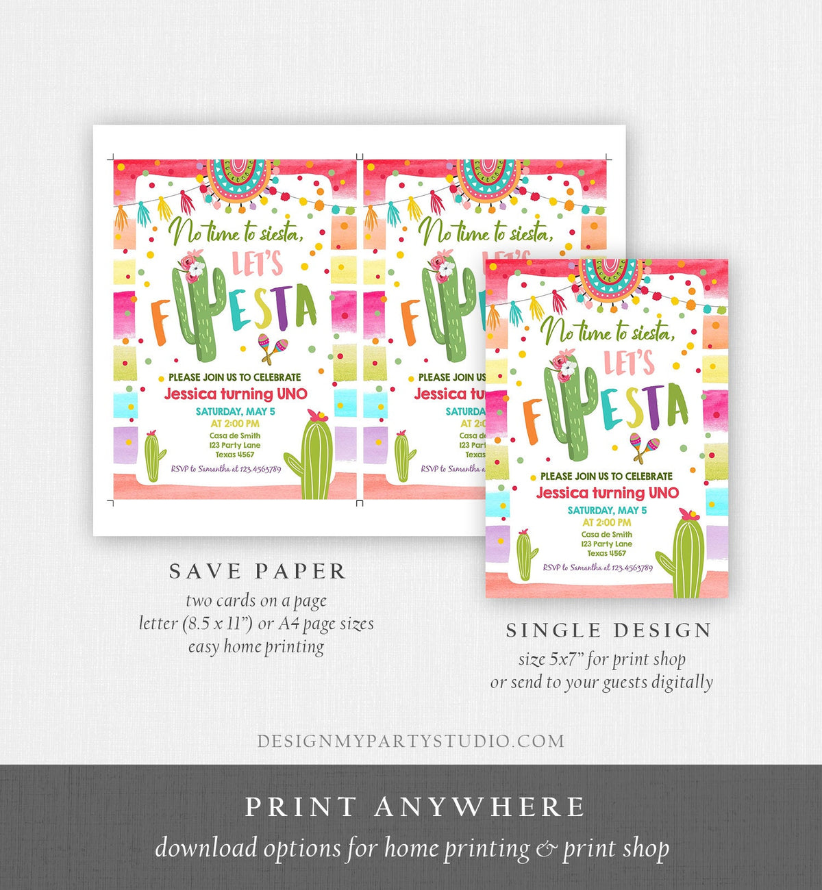 Editable Let&#39;s Fiesta Birthday Invitation Cactus Succulent First Birthday Party Girl 1st Mexican Uno Download Evite Template Printable 0134