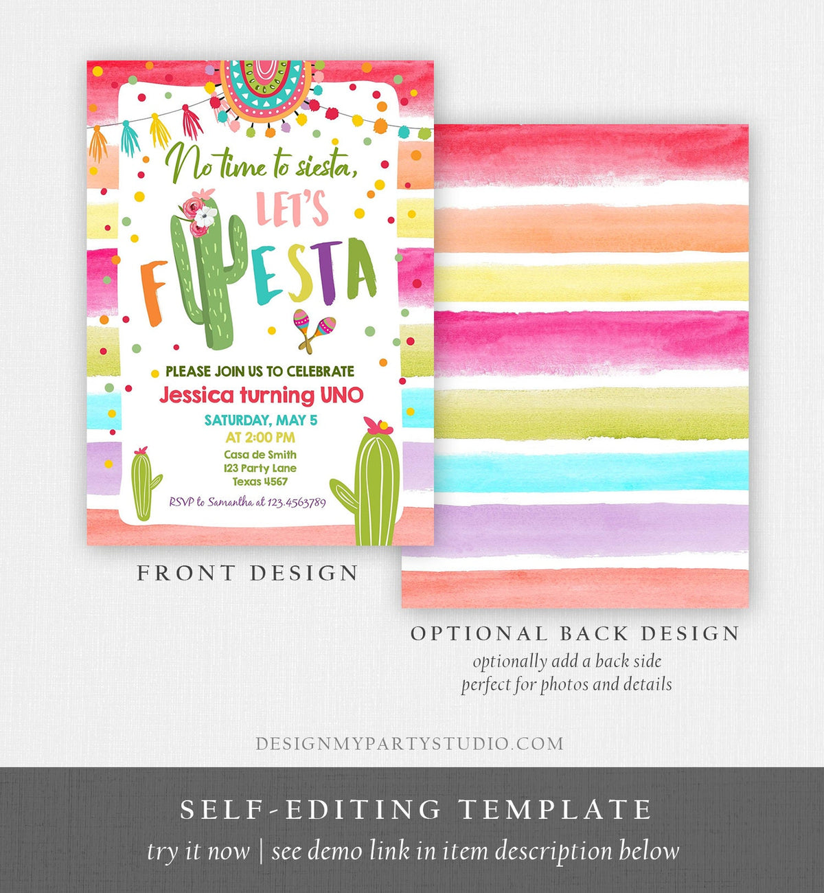 Editable Let&#39;s Fiesta Birthday Invitation Cactus Succulent First Birthday Party Girl 1st Mexican Uno Download Evite Template Printable 0134