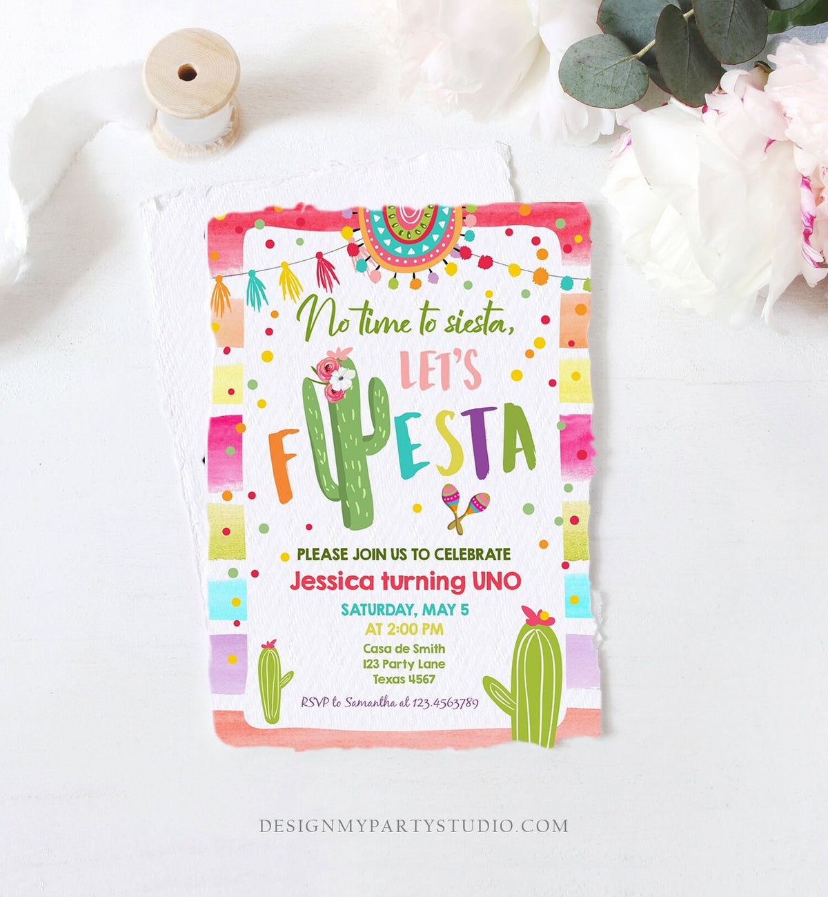 Editable Let&#39;s Fiesta Birthday Invitation Cactus Succulent First Birthday Party Girl 1st Mexican Uno Download Evite Template Printable 0134