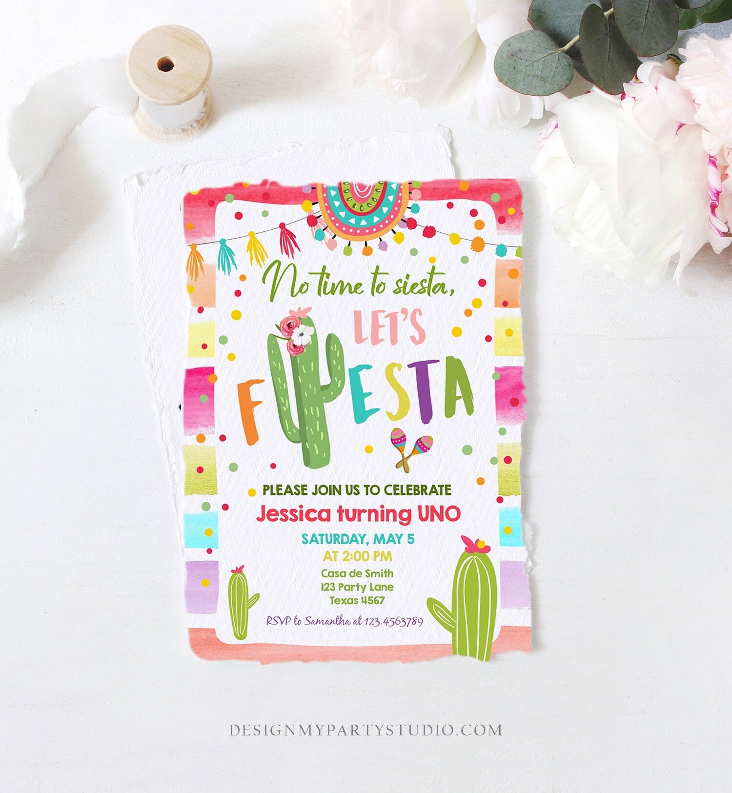 Editable Let&#39;s Fiesta Birthday Invitation Cactus Succulent First Birthday Party Girl 1st Mexican Uno Download Corjl Template Printable 0134