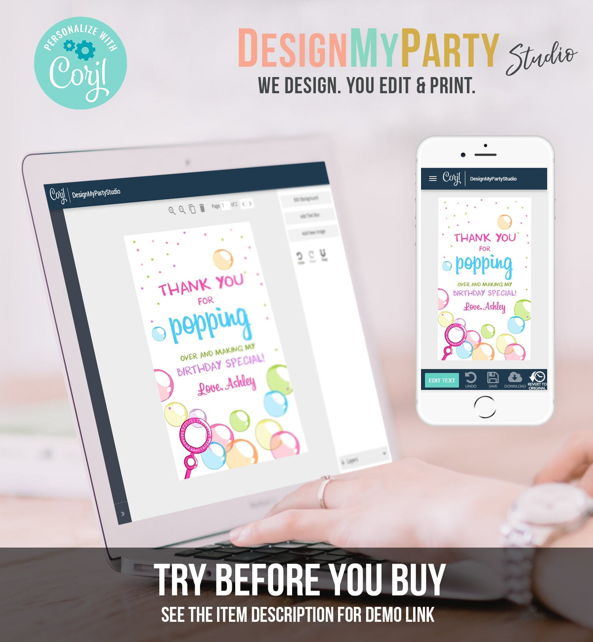 Editable Bubble Favor tags Pink Bubble Birthday Thank you tags Popping over Labels Bubbles Gift tags Girl Template PRINTABLE Corjl 0035