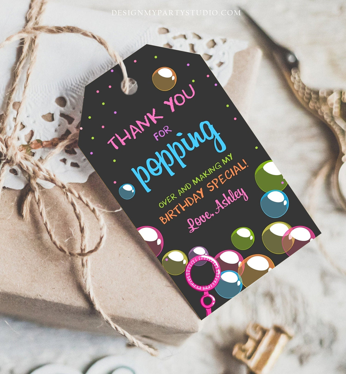 Editable Bubble Favor tags Pink Bubble Birthday Thank you tags Popping over Labels Bubbles Gift tags Girl Digital Template Printable 0035