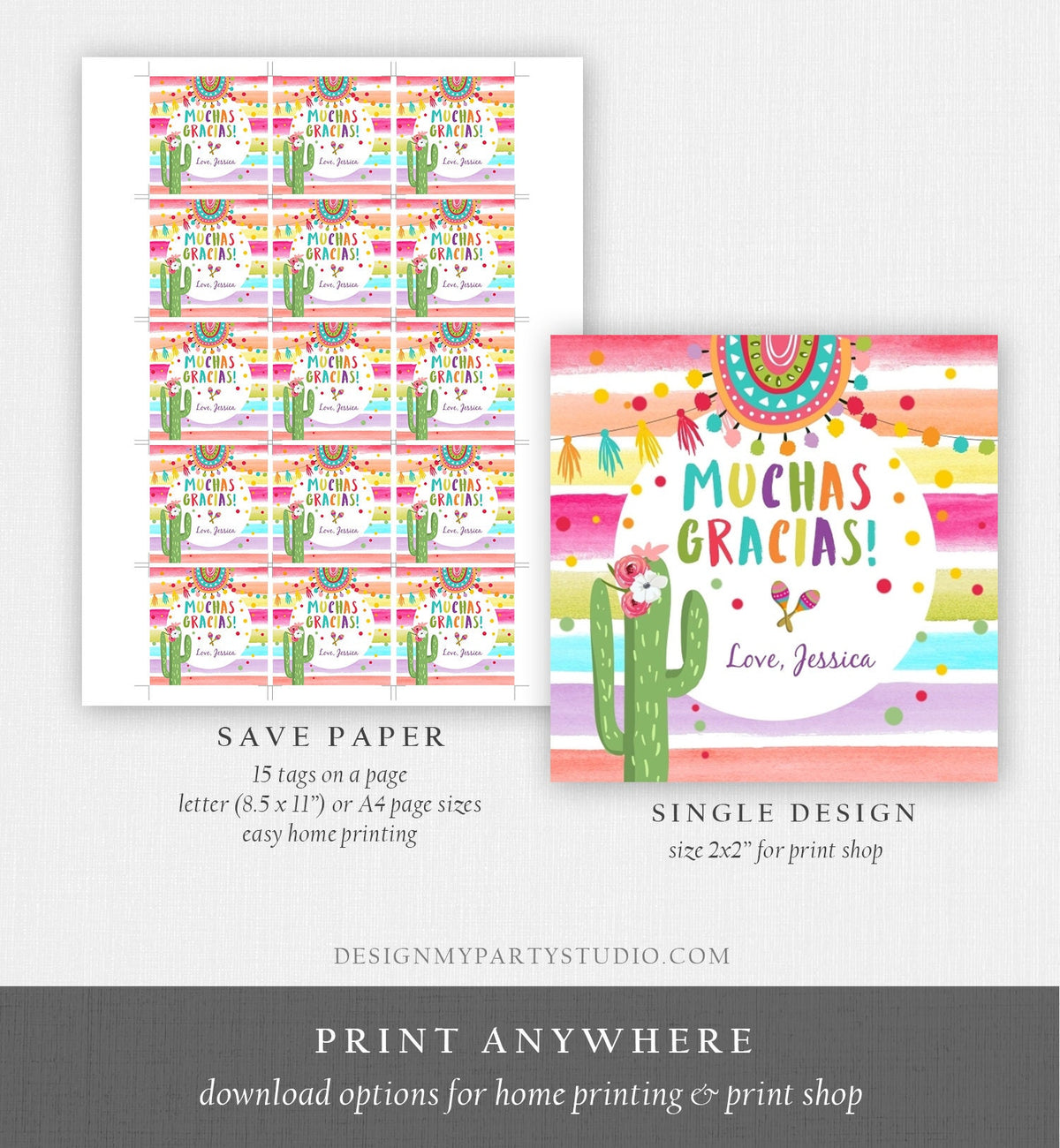 Editable Fiesta Favor Tags Muchas Gracias Thank You Tags Cactus Succulent Mexican Birthday Baby Bridal Shower Taco Bout Corjl Template 0134